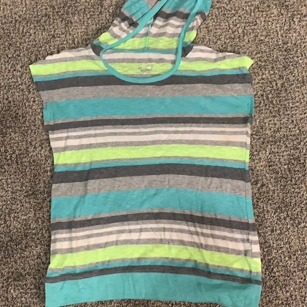 Justice Blue Lime Gray Striped Hoodie Short Sleeved Top - 12